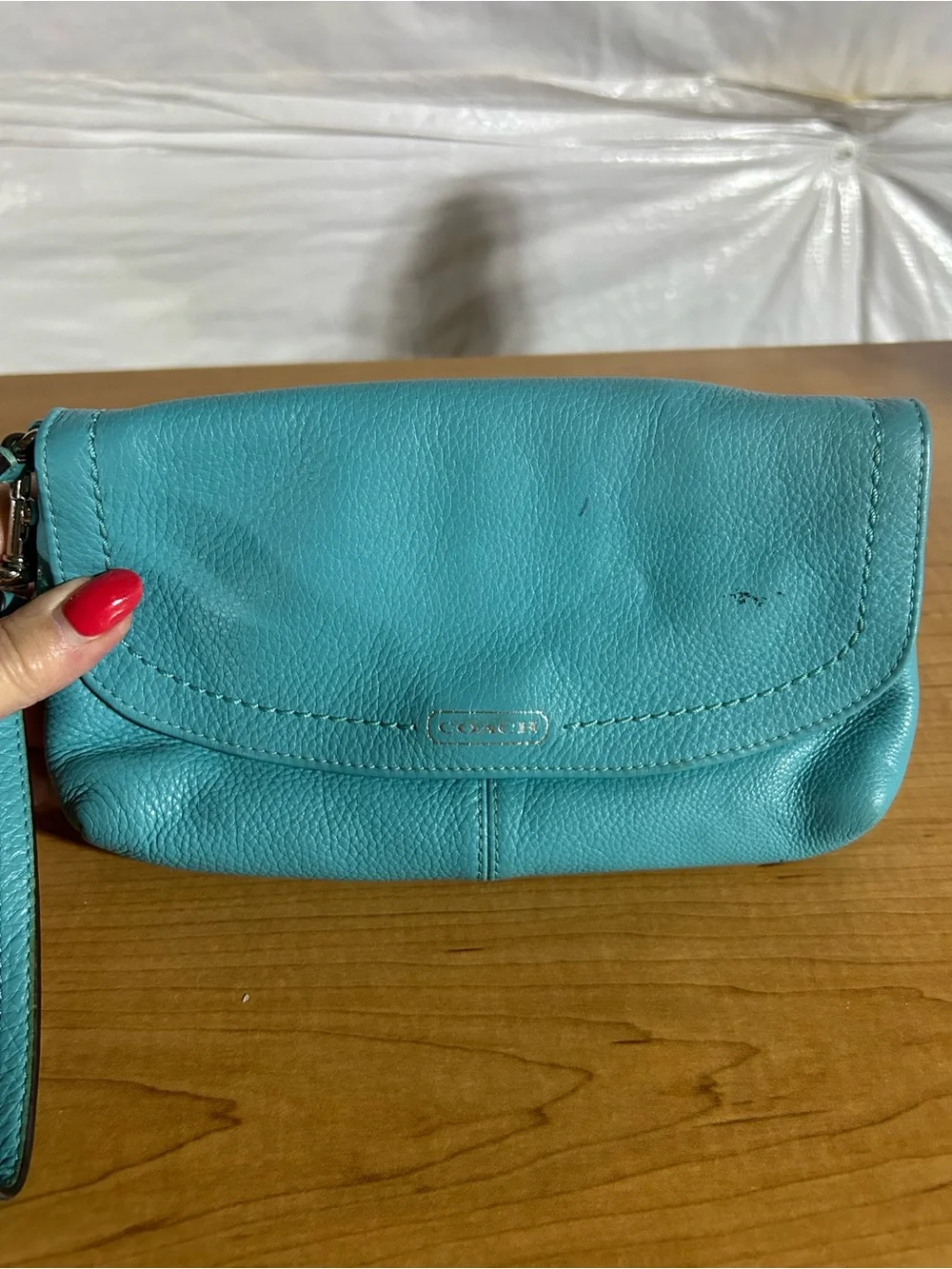 Coach Turquoise Pebbled Leather Wristlet